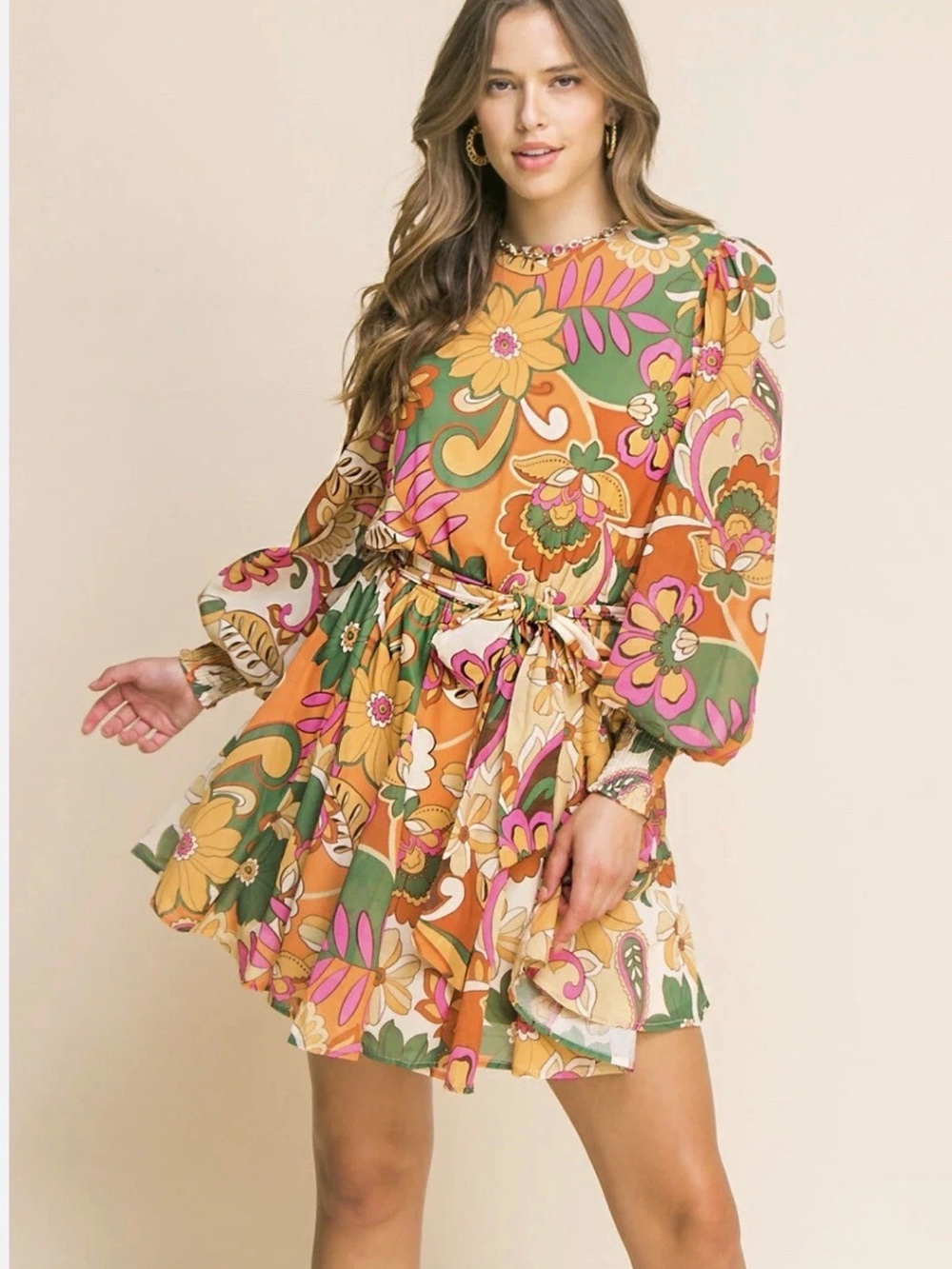 Flying Tomato Floral Tie-Waist Mini Dress in Green Pink